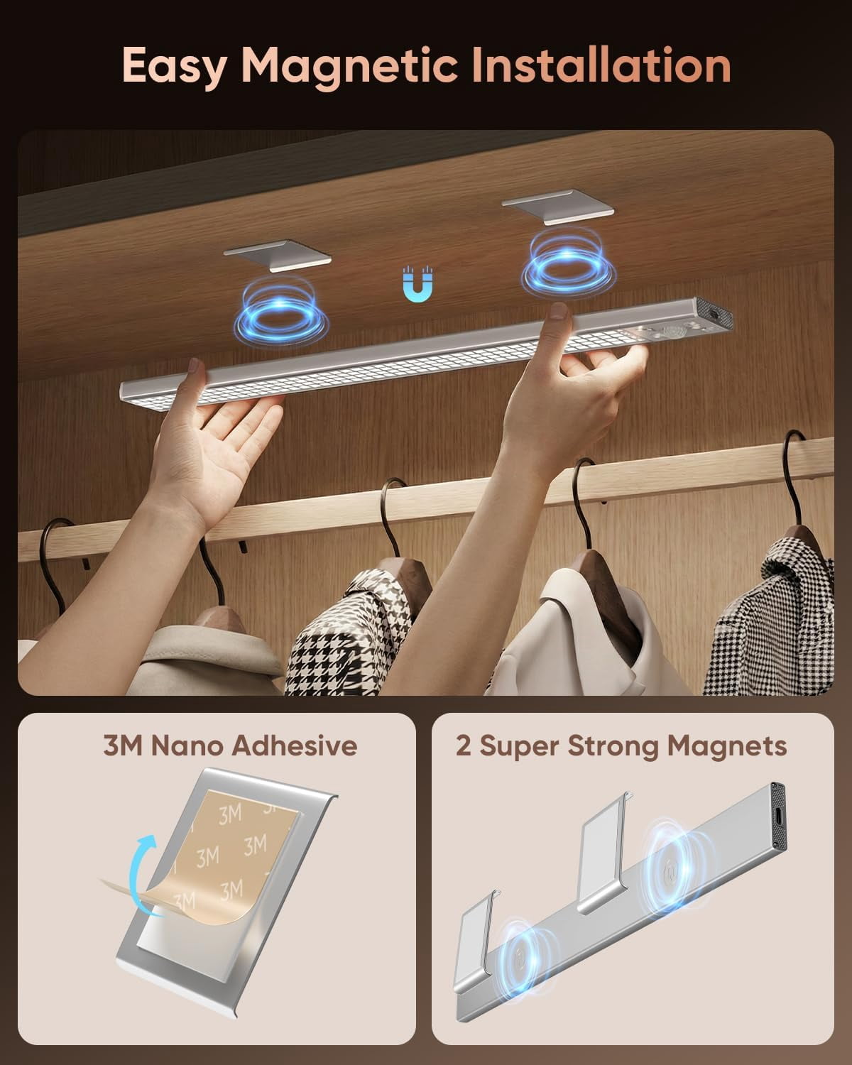 16inch Under Cabinet Lighting Wireless, 216LED Motion Sensor Light Indoor, USB Rechargeable Closet Lights, 3 Color Temps & Dimmable, Stick On Under Counter Lights for Kitchen, Pantry, Stairs