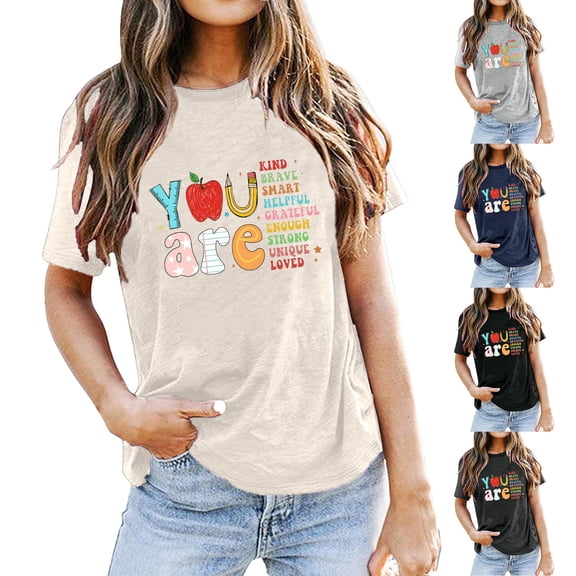 Trendfront Womens Summer Crew Neck Short Sleeve Tops School Theme Graphic Pattern Print Tees Casual Everyday Apparel T-Shirts
