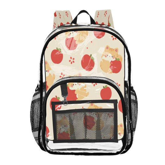 Clear PVC Backpack 12L Transparent Shoulder Bag with Mesh Pockets Autumn Cute Cat Pattern