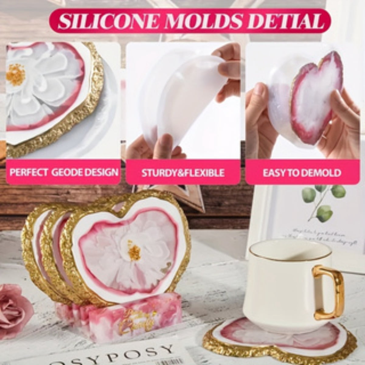 4 Pieces Heart Coasters Resin Mold Set - Resin Casting Molds for DIY Epoxy Crafts, Home Decor, Coasters, Silicone Molds with Storage Boxes for Easy Organization and Reuse (with Cup Holders)