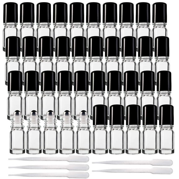 40 Pack 5ml Glass Essential Oil Roller Bottles with Stainless Steel Roller Ball, Leakproof Refillable Glass Roll-on Bottles for Travel Perfume Sample, 5 Droppers