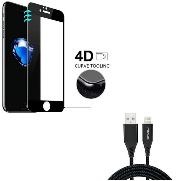 iPhone 7/8 PLUS 10ft USB Cable w Screen Protector - Charger Cord Power Wire Braided, Tempered Glass 4D Touch Curved Edge Full Cover for iPhone 8 PLUS/7 Plus