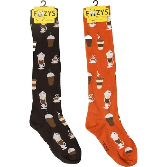 Foozys Women’s Novelty Knee High Socks | Coffee (FK-16) Cute, Fun and Makes a Great Gift! |Two Pair (One Black & One Orange) | Women’s US Shoe Size 4-10