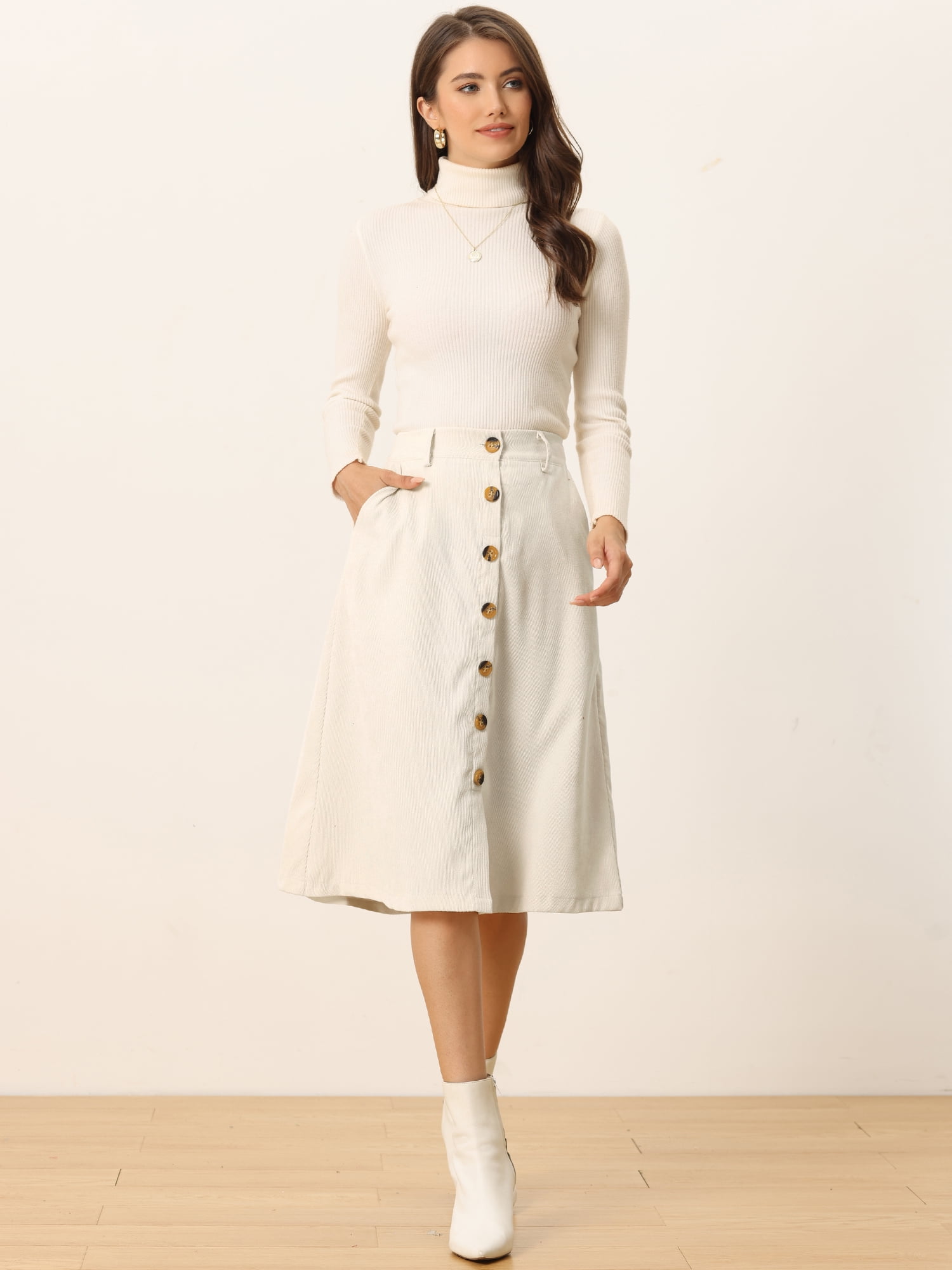 DARING DIVA Women's A-Line Button Front Belted Midi Skirts M Cream