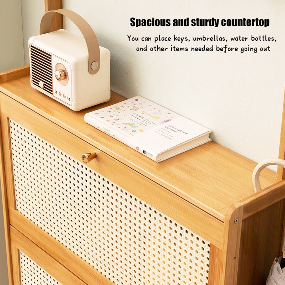 WGYPRIME Shoe Cabinet with 3 Rattan Flip Drawers, Farmhouse Style Bamboo Shoe Storage Cabinet with Coat Hooks, Freestanding Shoe Rack Organizer for Entryway, Hallway, Closet, Living Room