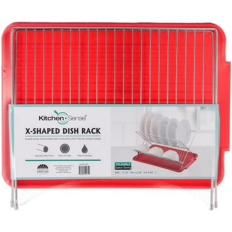 J&V TEXTILES Foldable Dish Drying Rack with Drainboard, Stainless Steel 2  Tier Dish Drainer Rack (Red)