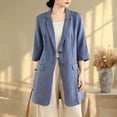 thumbnail image 2 of Ltctricy Long Blazers for Women 3/4 Sleeve Lapel Button Cotton Linen Casual Work Jackets Loose Outwear Coats with Pockets(Blue,Medium), 2 of 7