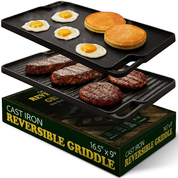 Cast Iron Griddle/Grill Reversible Combo Set   Protective Mitts, Grill Press & Scraper- Pre-seasoned Indoor & Outdoor gas Stove Griddle- Stovetop, Camping or Home Cooking Non-Stick Griddle Pan