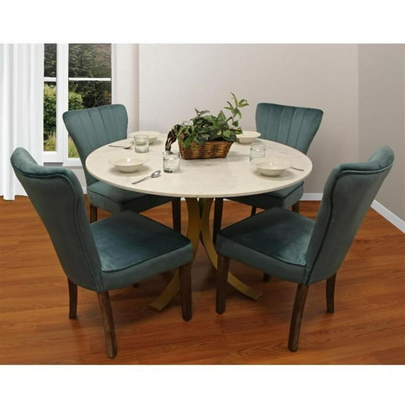 Haskell 5-piece Dining Set With 48" Marble Dining Table And 4 Teal Velvet Chairs