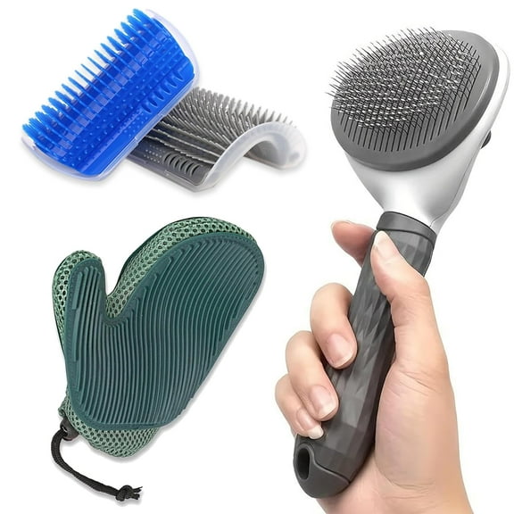 4pcs Self-Cleaning Slicker Brush & Pet Grooming Glove, 4-in-1 Kit for Shedding Removal with Cat Scratcher [All-in-One]