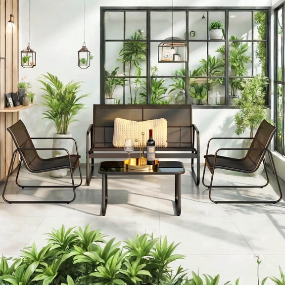 4 Pieces Patio Furniture Sets, Outdoor Coffee Table with Textilene Loveseat & Chairs for Blackyard Porch Lawn, Black