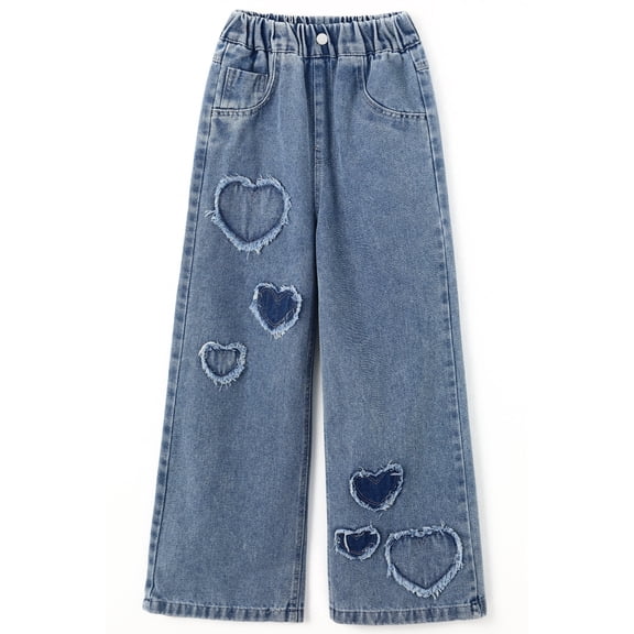 KIDSCOOL SPACE Girls Heart Patchwork Jeans, Kids Distressed Wide Leg Denim Pants,Light Blue,8-9 Years