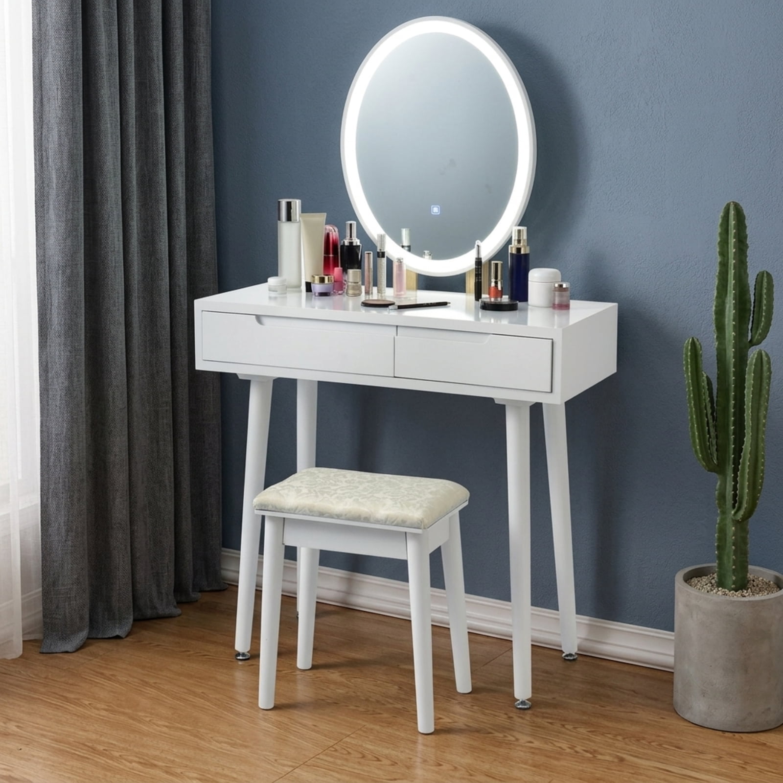 Furnibear Touch Screen Vanity Makeup Table Stool Set with Lighted Mirror for Bedroom Makeup Dressing Room Vanity Desk Mirror Set, White
