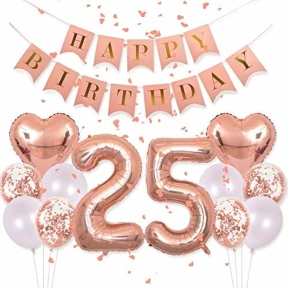 Birthday Decorations Happy Birthday Banner 40inch Rose Gold Number 25 Balloons Rose Gold Confetti Balloons 1" in Diameter Heart Confetti for 25th Birthday Party Supplies Photo Props (Rose Gold 25)