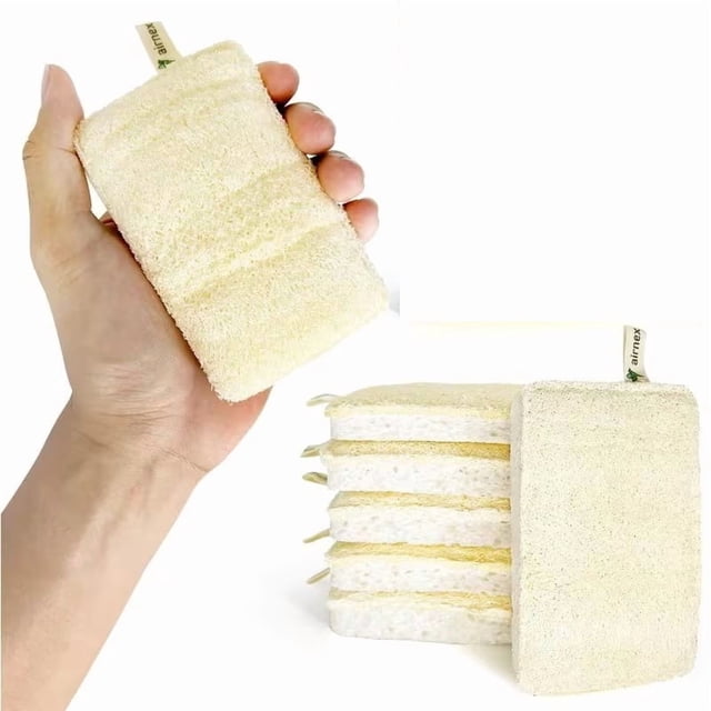 Paquete de 6 esponjas naturales for lavar platos de lufa Esponjas de fibra vegetal reutilizables sin plástico con bucles for colgar for limpieza de cocina y baño, cepillo for platos sin plástico