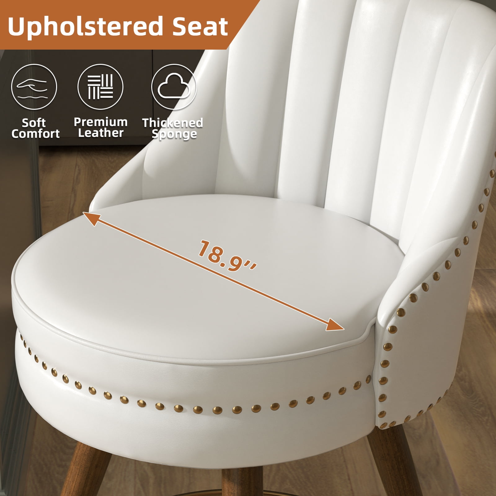 Genpo 24" Counter Height Bar stools Set of 2, White Leather Bar Stools with Backs, Swivel Counter Stools with Wooden Legs For Kitchen Island