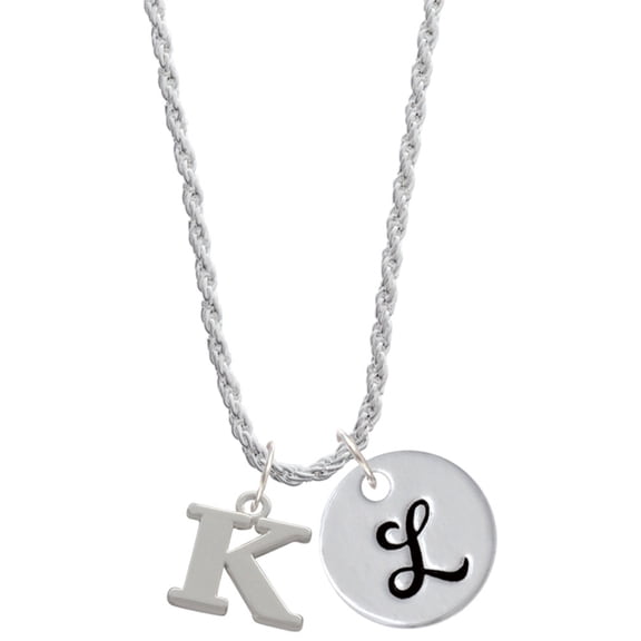 Delight Jewelry Silvertone Large Initial - K - Silvertone Script Initial Disc - L - Charm Necklace, 20"+3"