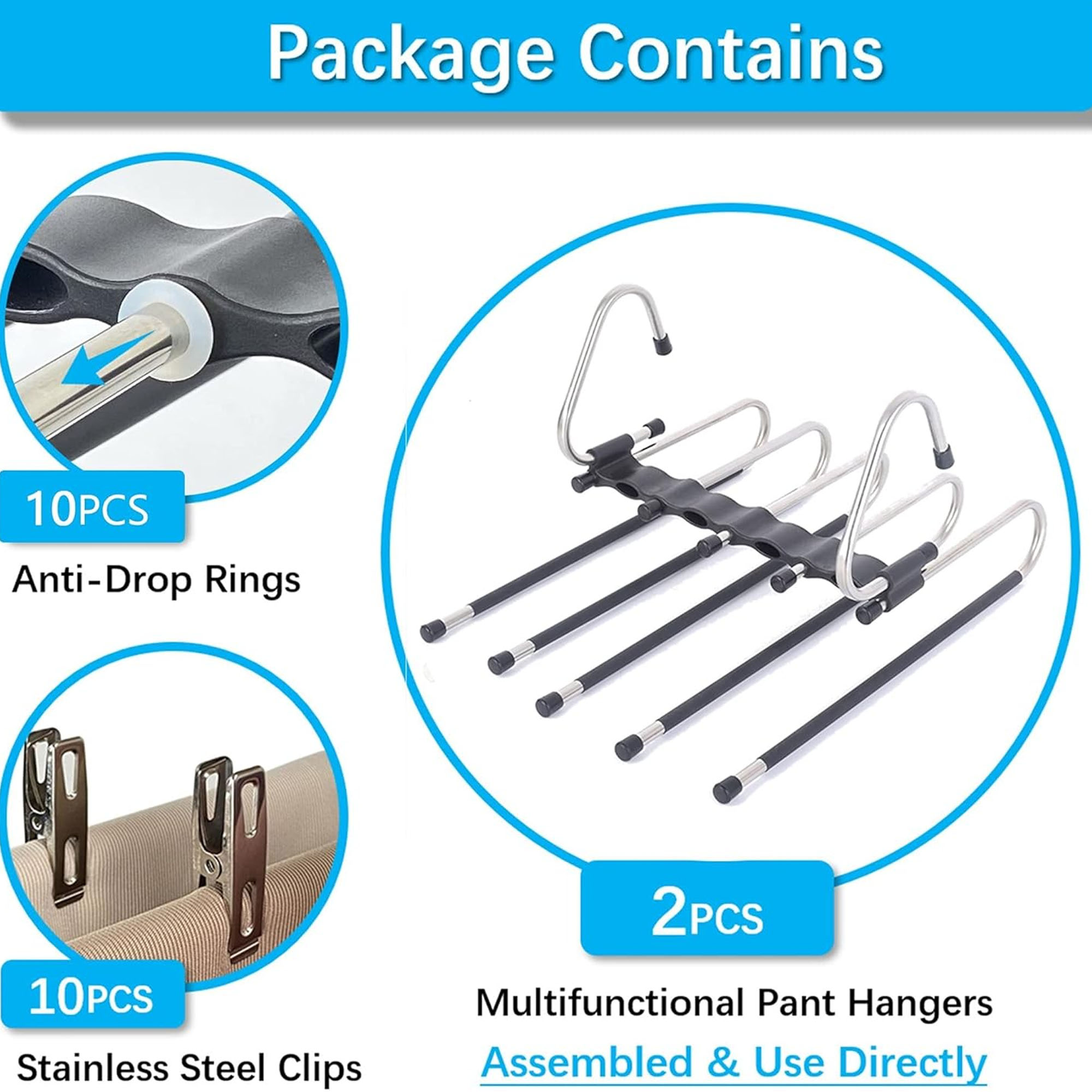ofefe Space Saving Pants Hangers 2 Pack with 10 Metal Clips, Non-Slip Multi-Layer Hanger for Closet Organizer for Jeans Skirts Scarves Leggings Black