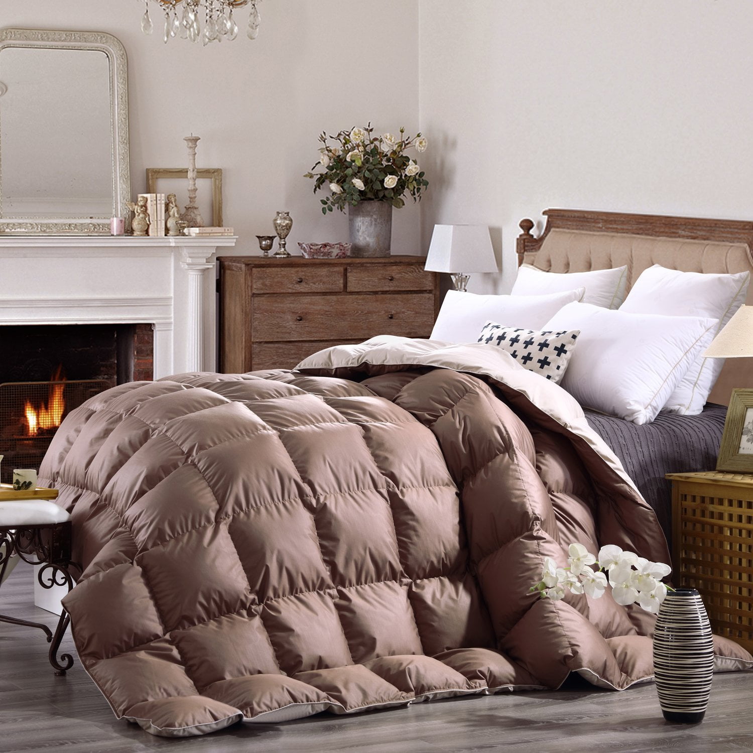 Queen Duvet Insert Khaki 600TC 800FP 100 Egyptian Cotton Cover White