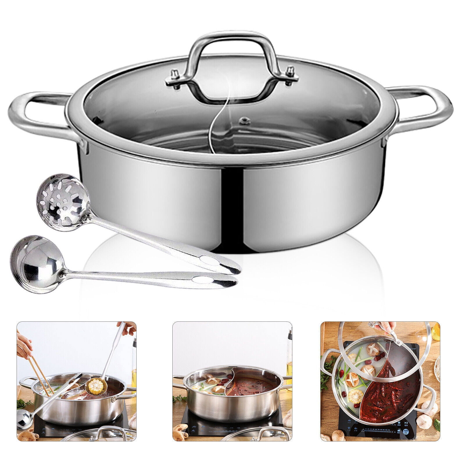 Double-flavor Shabu Shabu Hot pot with Divider & Soup Ladle, 304 Stainless Steel Shabu Shabu Pot, Safe Design Dual Sided Hot Pot for Induction Cooktop, Cookware Multi Cooker (12.6"(32cm))