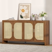 Rattan Sideboard Buffet Cabinet with Storage, Wooden Cabinet with 4 Doors, Kitchen Console Table