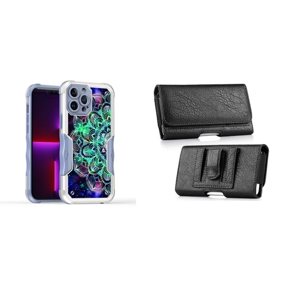Case and Pouch Bundle for iPhone 14: Heavy Duty Armor Rugged Case (Teal Galaxy Mandala) and Coin Card Wallet Belt Holster