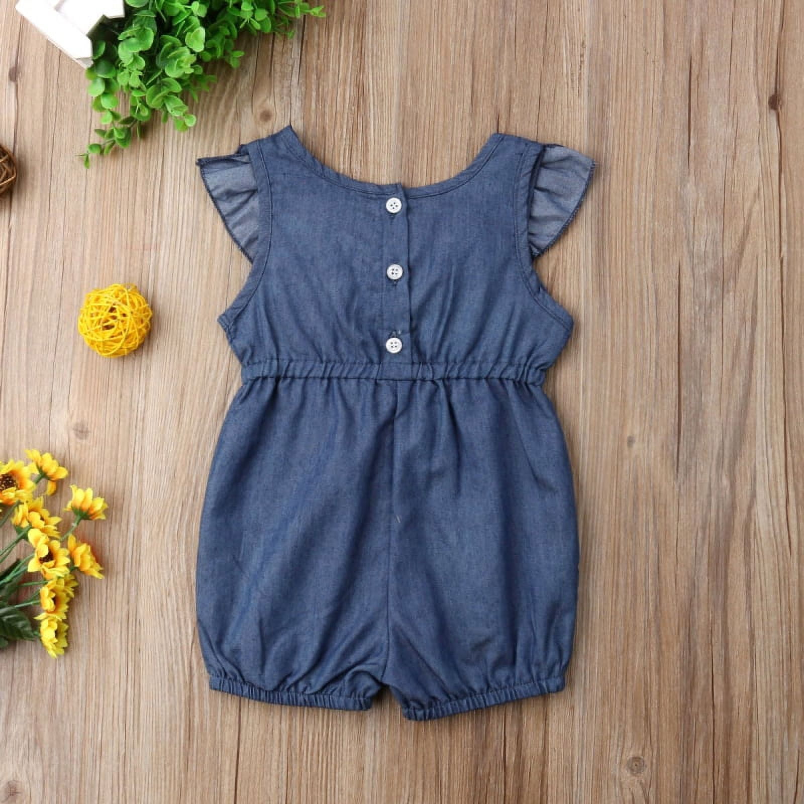 Baby Girl Fringe Detail Imitation Denim Ruffle Trim Sleeveless Romper