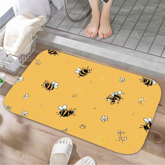 1pc Bee Pattern Absorbent Non-Slip Bathroom Thickened Flannel Rug Decor,Soft,Quick Drying,Suitable For Indoor/outdoor Use,Bathrooms,Bedrooms,Kitchens,Terrace,Laundry Rooms,16"x24"