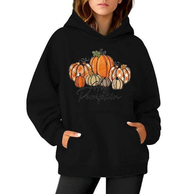 WEAIXIMIUNG Sweat à Capuche pour Femmes, Graphique, Imprimé Citrouille, Manches Longues, Décontracté, avec Poche