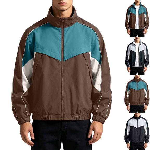 Abomasnow Men's Big and Tall Jackets Zip Up Long Sleeve Stand Collar Color Block Track Jackets Casual Lightweight Windbreaker Jackets with Pockets for Travel Hiking Fishing