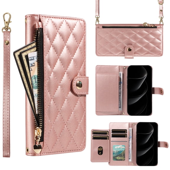 Wallet Lanyard Crossbody Strap Heavy Duty Case for iPhone 17 with Cash Slots Card Holder Zipper Pocket Remium PU Leather TPU Full Body Protective Kickstand Rugged Phone Cover, Rosegold