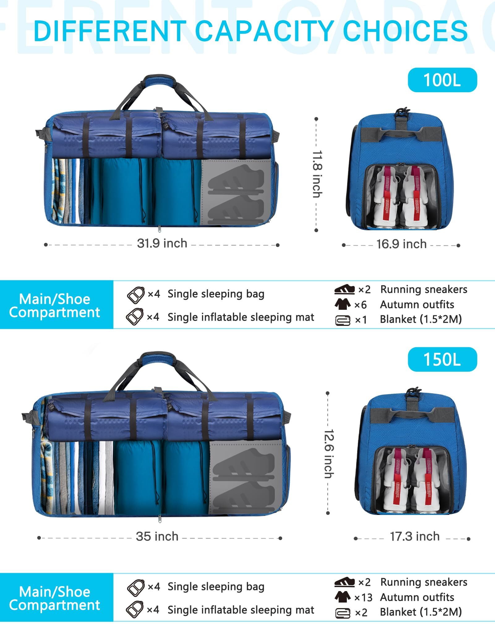 Gonex 150L Travel Duffle Bags 35" Large Foldable Weekender Bag Waterproof Overnight Bag with Shoes Compartment for Camping