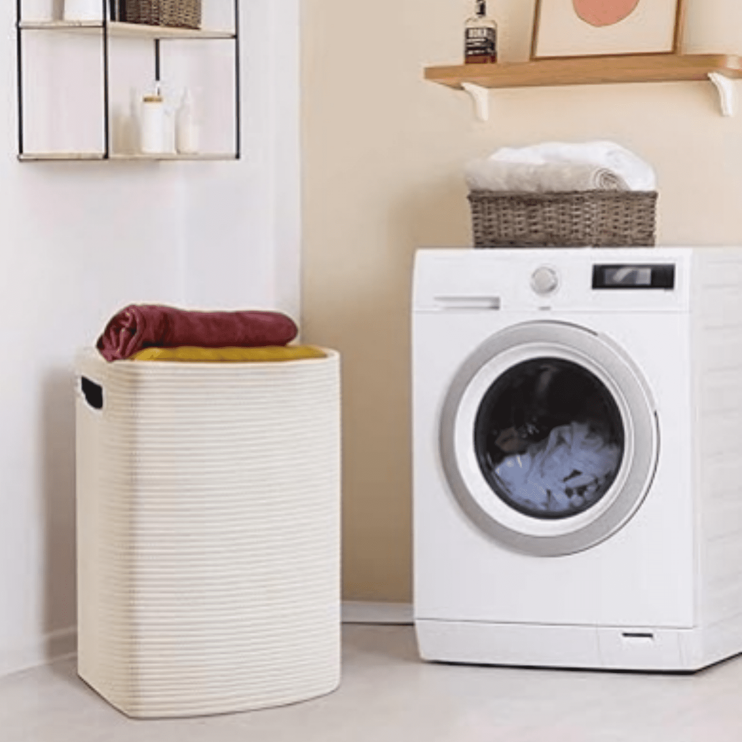 16"x13"x22" - Tall Woven Laundry Basket, Cotton Rope Dirty Clothes Hamper, Baby Kids Nursery Wicker Laundry Basket, Bedroom Aesthetic, Soft Laundry Bin, White Hamper, 75L