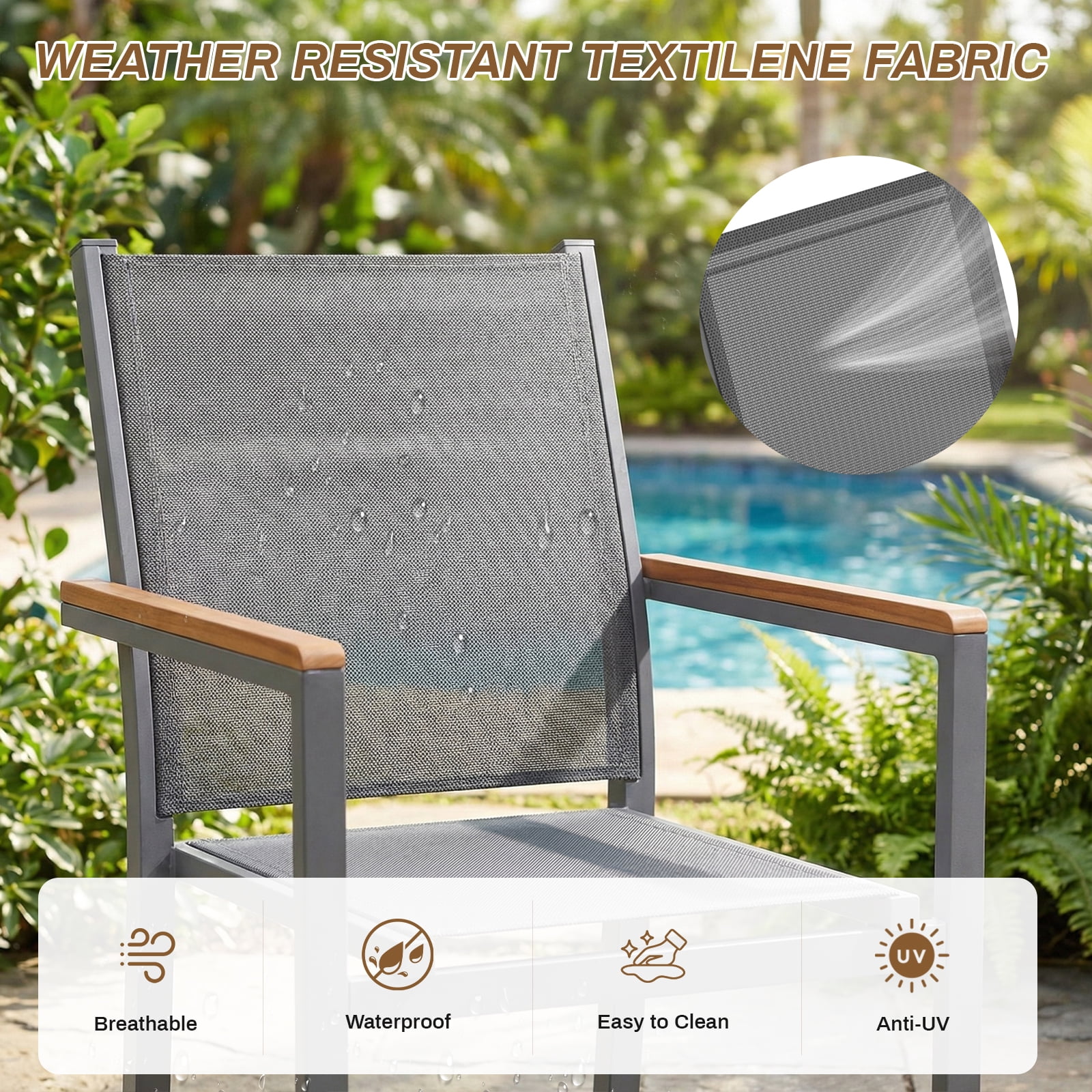 LIFERUN Patio Chairs Set of 6, Stackable Aluminum Dining Chair with Textilene Fabric & WPC Handrail, 17" Seat Height, All Weather Outdoor Chair for Poolside, Balcony, Terrace & Restaurants, Grey