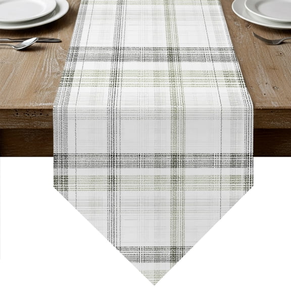 Sage Green Check Table Runner Linen Burlap Table Runner 90 Inches Long Farmhouse Line Buffalo Plaid Dresser Scarves for Kitchen Island Coffee Dining Room Party Wedding Banquet Holiday Decor 13"x90"
