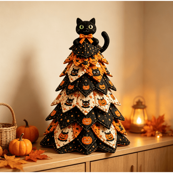 DIY Halloween Quilted Fabric Tree Kit, Black Cat & Pumpkin DIY Tree Patchwork Kit, Instruction Included Sewing Kit for Spooky Season Home Craft Project