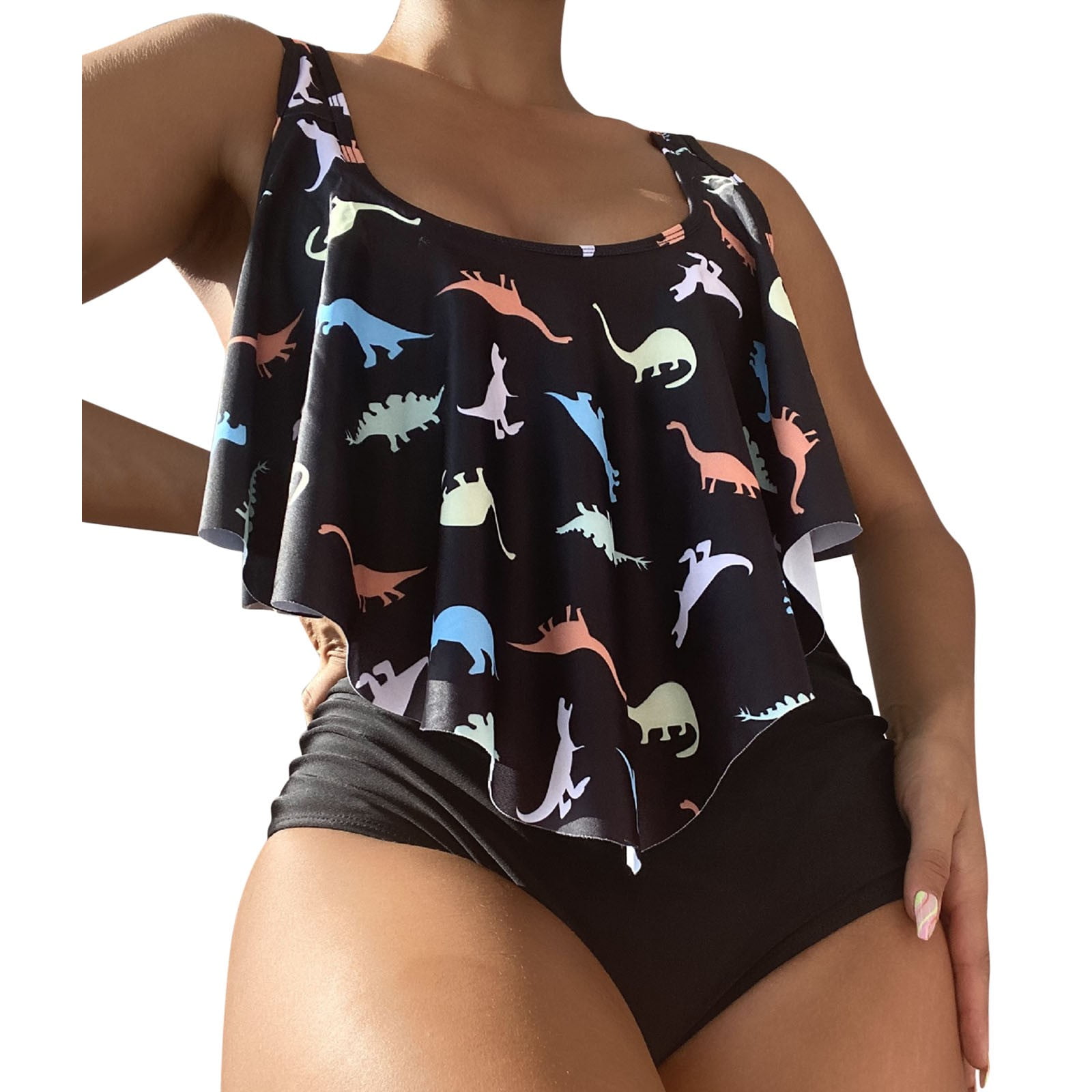 Women Ruffled Tops Tankini Set Cartoon Dinosaur Print Bikini Swimwear Ruched High Waist Bottom Two Piece Beach Bathing Suit 