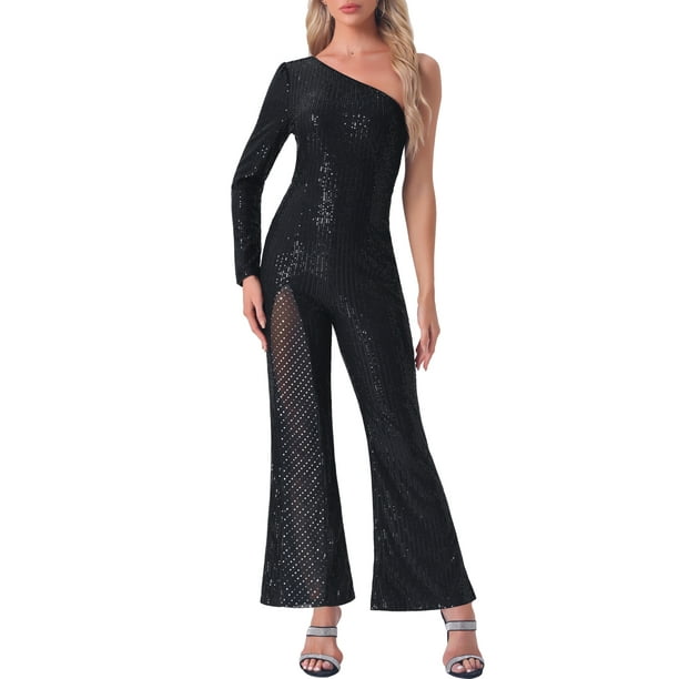 INSPIRAR CHIC Mono de lentejuelas para mujer de un solo hombro, transparente, con piernas anchas, traje de fiesta M negro