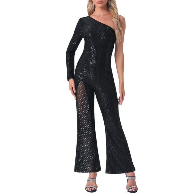 INSPIRAR CHIC Mono de lentejuelas para mujer de un solo hombro, transparente, con piernas anchas, traje de fiesta M negro