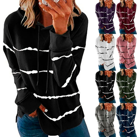 VerPetridure Women's Casual Long Sleeve Hoodies Pullover Blouses Lightweight Hooded Pullover Sweatshirts Striped Print Fall Sweatshirts for Women Relaxed Fit Pullover Tops Fall Casual Clothes