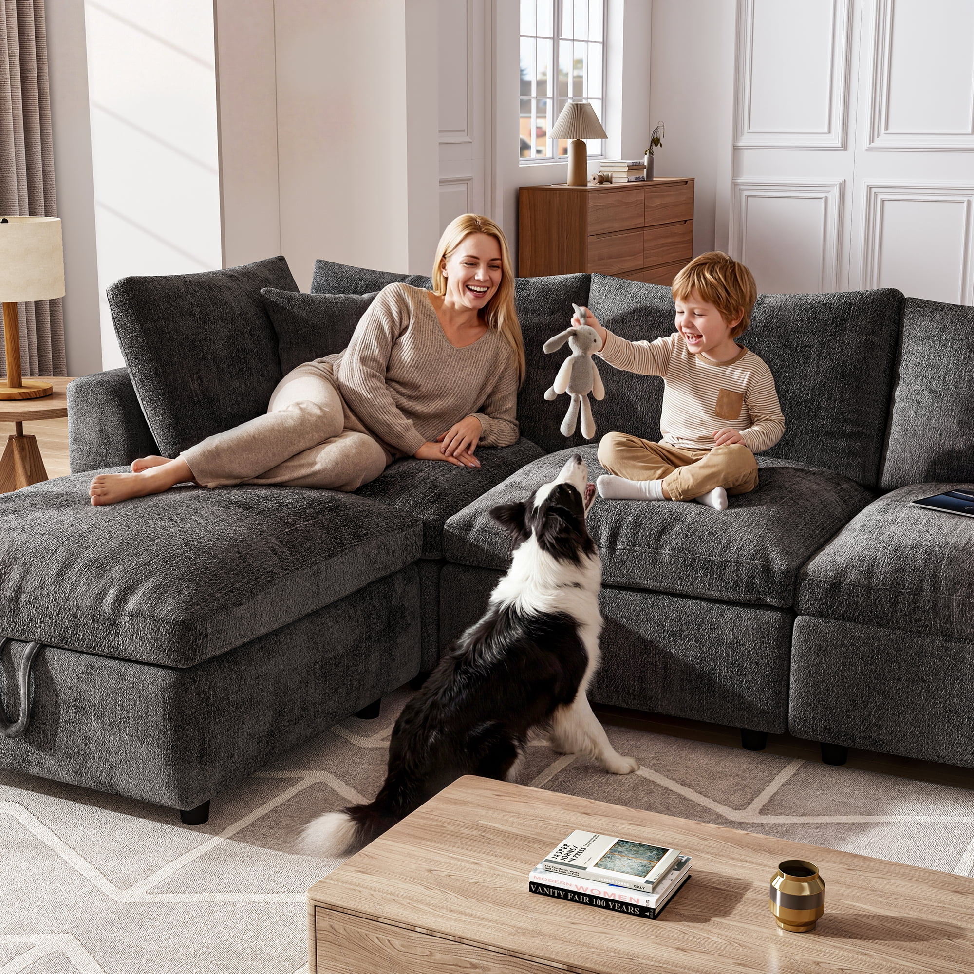 BINBANK Luxurious Cloud Modular Sectional Sofa, Modern Chenille Couch L-Shaped with Storage Ottoman, USB Type-C Ports & Cup Holders for Living Room