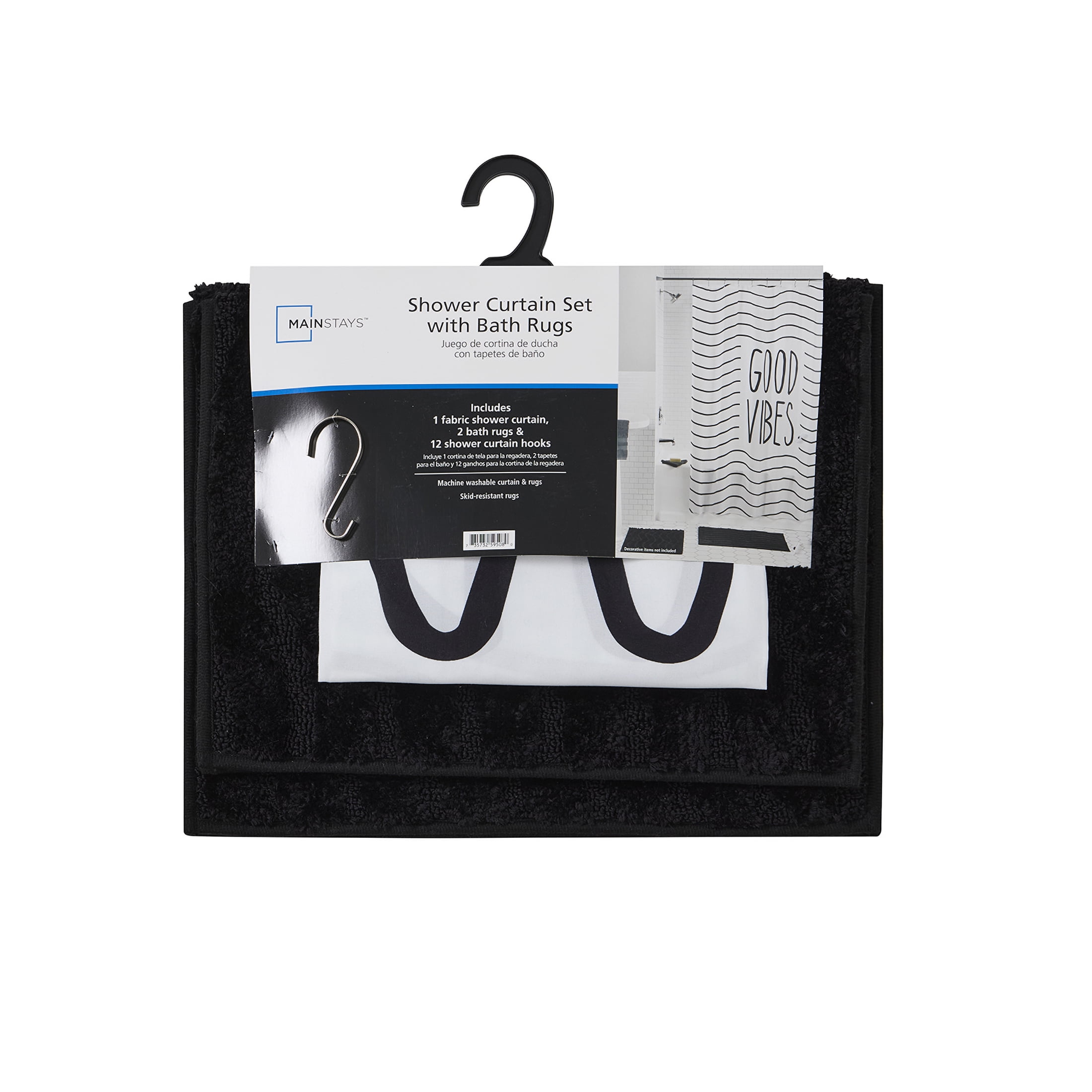 Mainstays Good Vibes 15PC Shower Curtain & Rug Bath Set, 70 x 72, Black/White