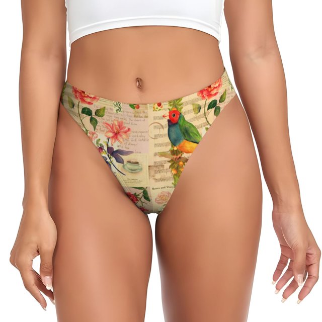Fotbe Vintage Bird Tanga Sin Costuras para Mujer con Estampado – Panties Invisibles, Transpirables y Cómodos para Uso Diario-X-Large