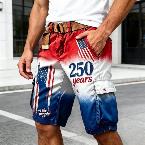 FASHOFT Cargo Shorts for Men 250 Anniversary USA Shorts American Flag Print Men Patriotic 4th of July Short with Pockets Red L