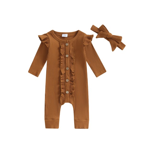 xiaxaixu Baby Girl Rompers Solid Color Buttons Frills Crew Neck Long Sleeve Jumpsuits Fall Clothes Bodysuits with Headband