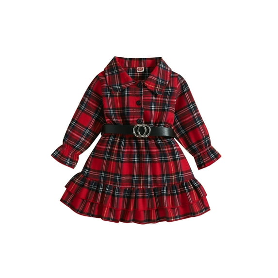 Sedceaty Toddler Kids Girls Christmas Dress Princess Plaid Lapel Long Sleeve Button-Down Dress Autumn Ruffles Hem Dress with Belt