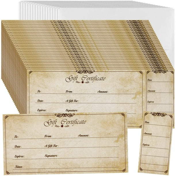 Nuanchu 100 juegos de certificados de regalo con sobres de 12 x 6 cm