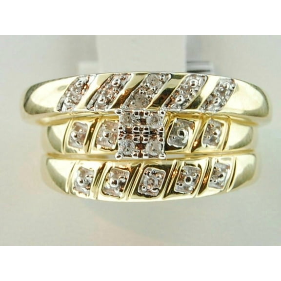 Silver Shop Women's & Men's Cubic Zirconia Couple Trio Ring Set 14k Yellow Gold Finish