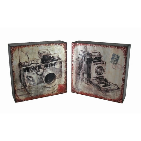 Vintage Camera Postcard Print Foil On Wood Wall Hanging Set of 2