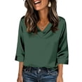 thumbnail image 3 of V Neck 3/4 Length Sleeve Silk Satin Blouses for Women Dressy Casual Loose Fit Tops Comfy Lightweight Silky All Season Shirts, #01 Army Green, XXL, 3 of 6